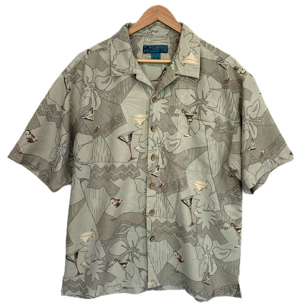 Paradise Blue 100% Silk Martini Hawaiian Print Shirt Mens Large Short Sleeve